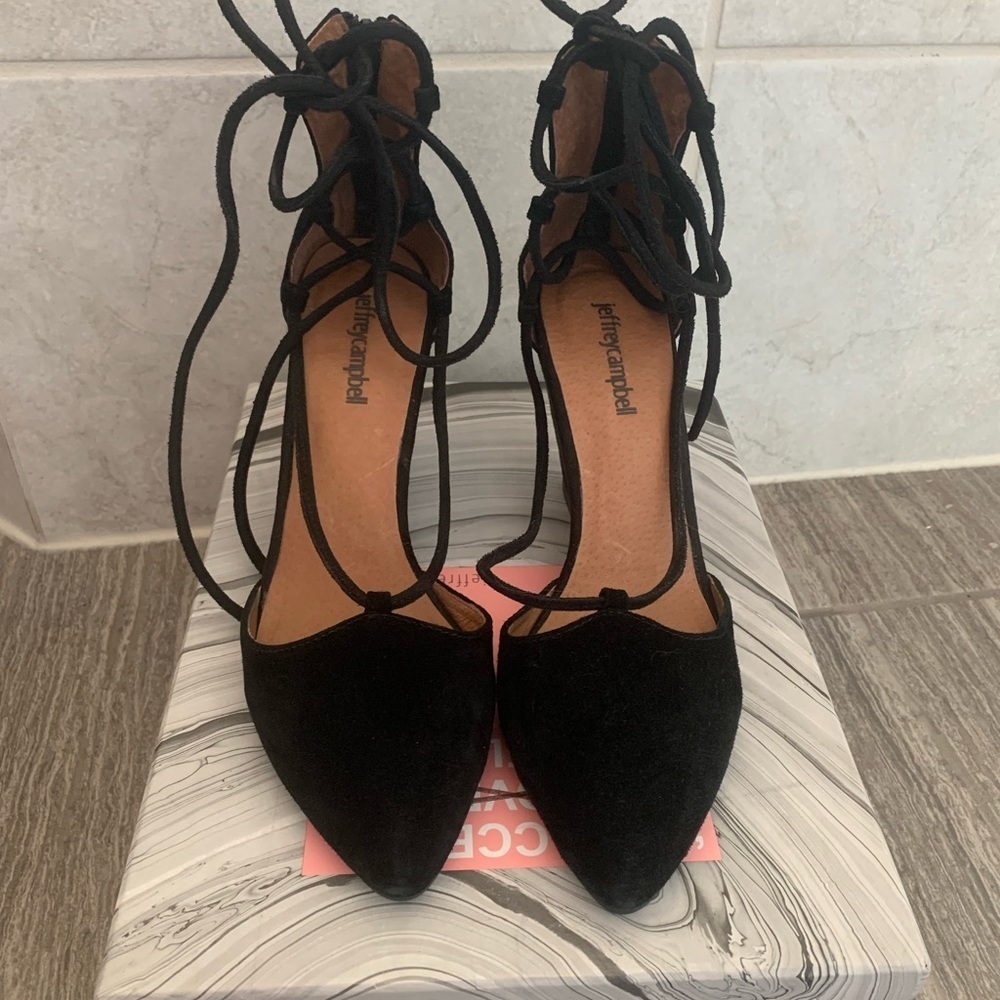 Jeffrey Campbell | Anthropologie Ouvere Black Suede Strappy Wedge Heels, Size 8 - Picture 2 of 8